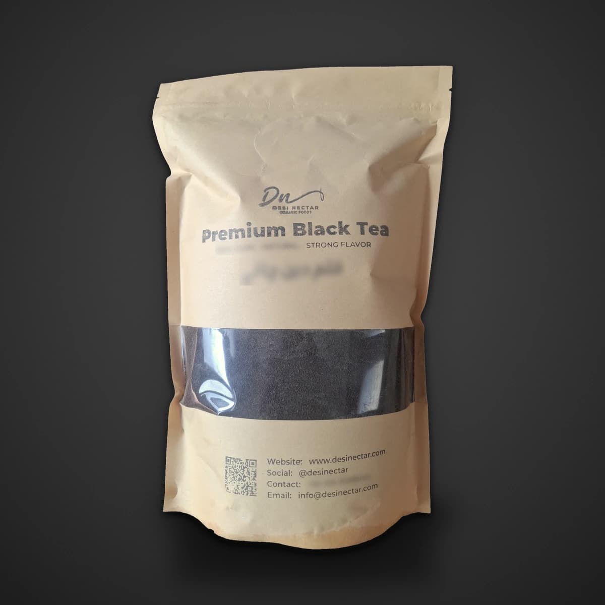 Desi Nectar premium black tea kraft pouch with window on dark grey