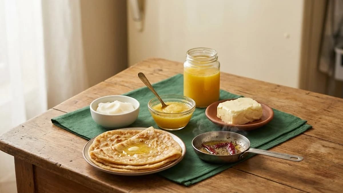 Bowls of grainy desi ghee, white butter and white cooking fat beside paratha and tarka