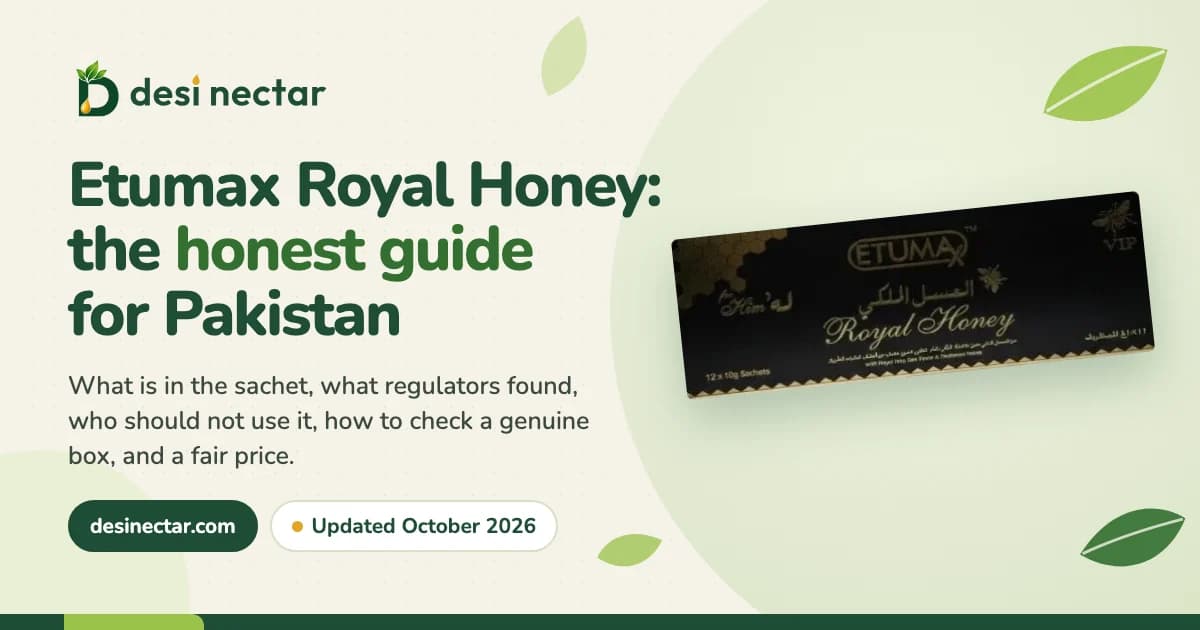 Etumax Royal Honey VIP box of 12 x 10g sachets on a cream background with the title: Etumax Royal Honey, the honest guide for Pakistan