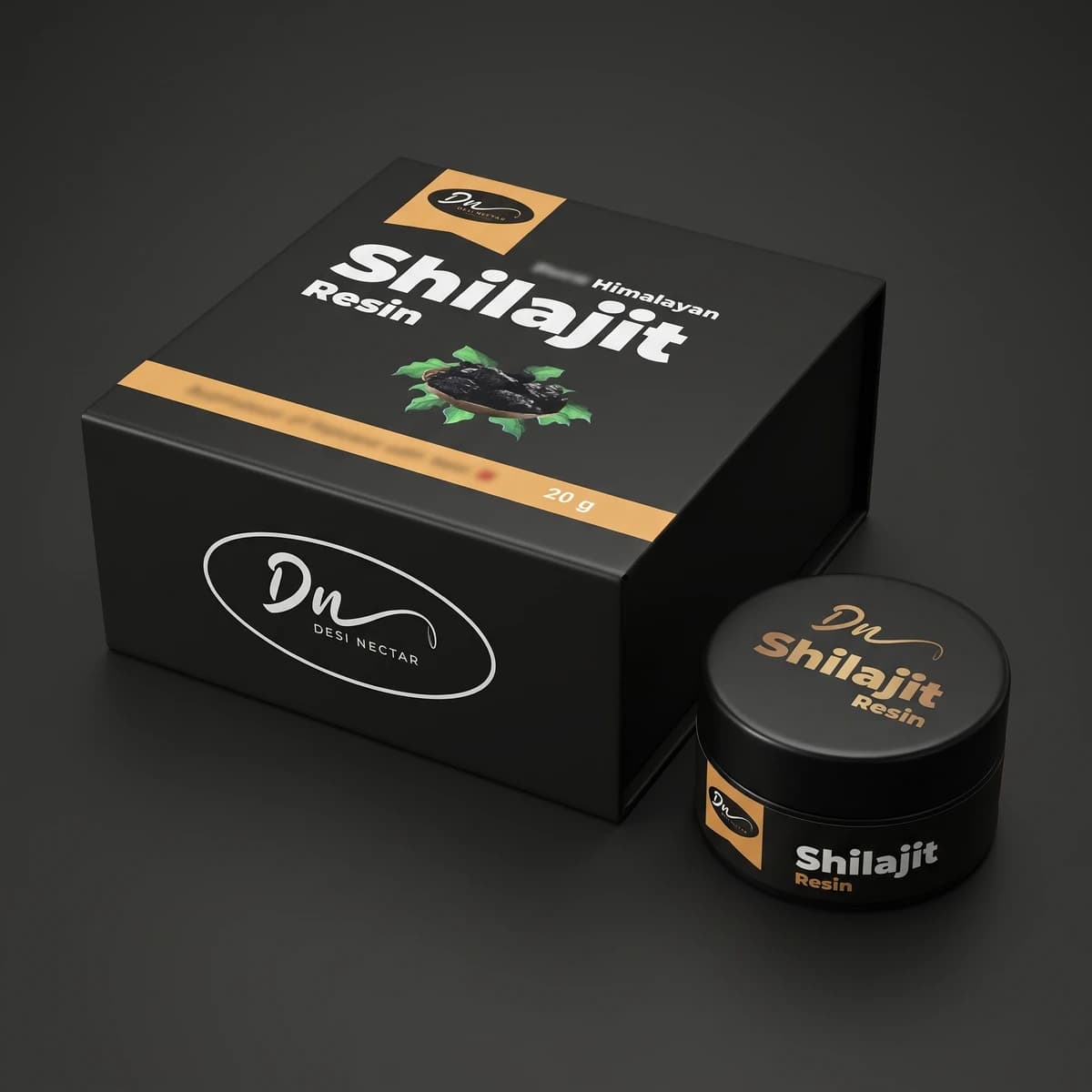 Desi Nectar Himalayan Shilajit Resin 20 g black box and tin on dark grey
