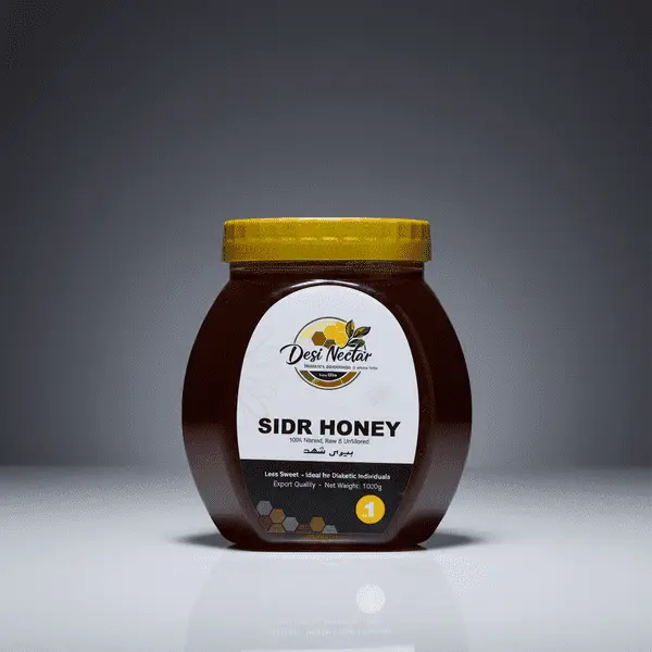 Desi Nectar 1000g jar of Sidr Honey, 100% natural raw and unfiltered Berry Shahaad, ideal for diabetic individuals and health-conscious consumers in Pakistan