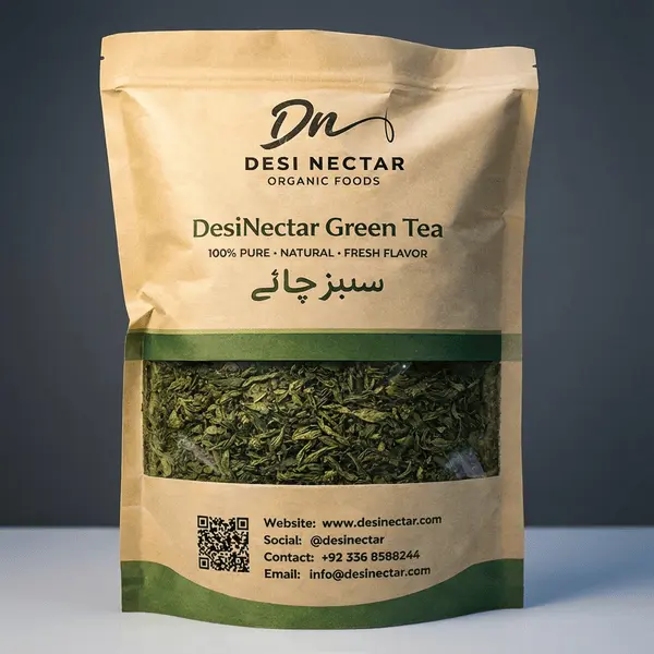 Desi Nectar Organic Green Tea kraft paper pouch with transparent window showing premium loose leaves for weight loss and detox