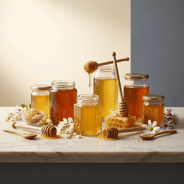 Collection of premium organic honey jars, fresh honeycomb, and natural sweeteners.