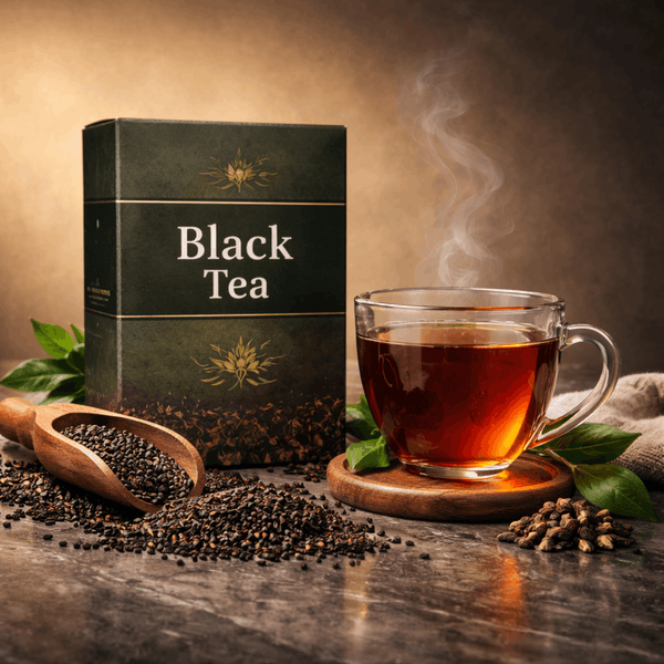Steaming cup of premium black tea next to a packaging box and a wooden scoop of loose tea leaves
