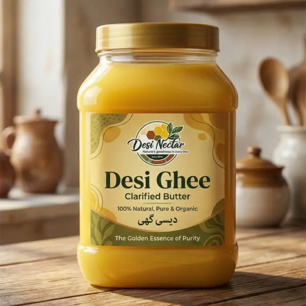 Desi Nectar organic Desi Ghee jar, 100% natural and pure clarified butter premium packaging, the golden essence of purity.