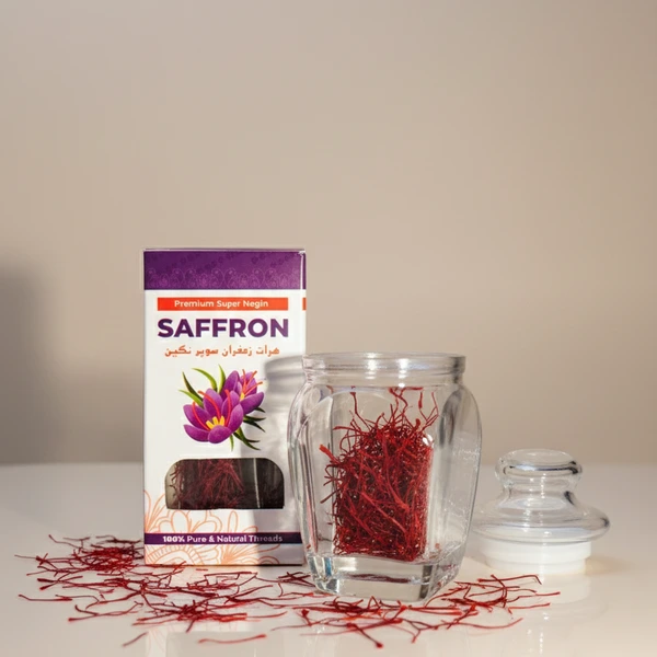 Premium Super Negin Herat Saffron in a glass jar by Desi Nectar, 100% pure original Zafran for saffron tea and beauty in Pakistan.
