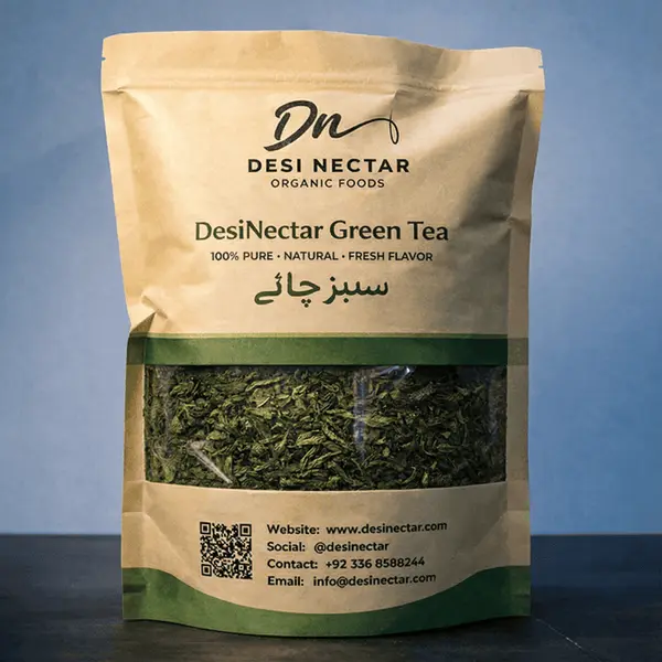 Desi Nectar Organic Green Tea kraft paper pouch with transparent window showing premium loose leaves for weight loss and detox