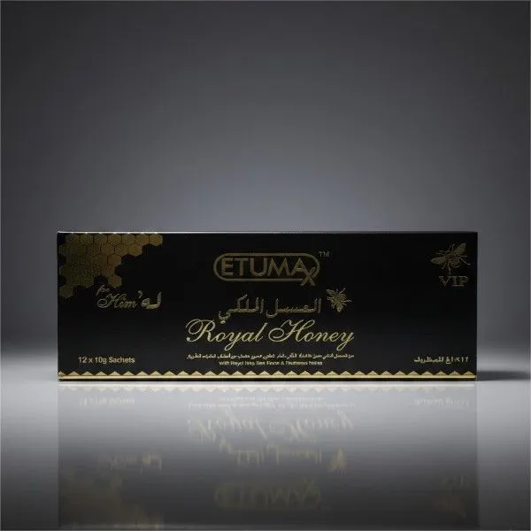 Original Etumax Royal Honey VIP 12 sachet box with gold seal - Premium male vitality honey in Pakistan.