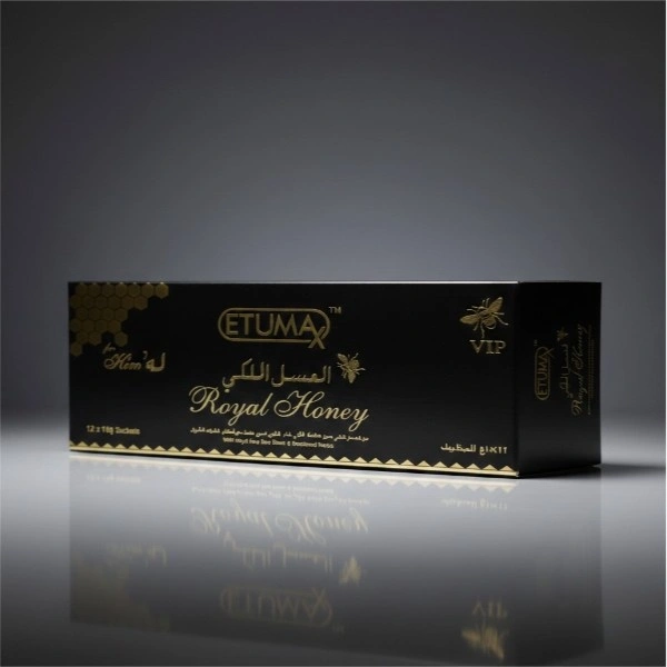 Original Etumax Royal Honey VIP 12 sachet box with gold seal - Premium male vitality honey in Pakistan.