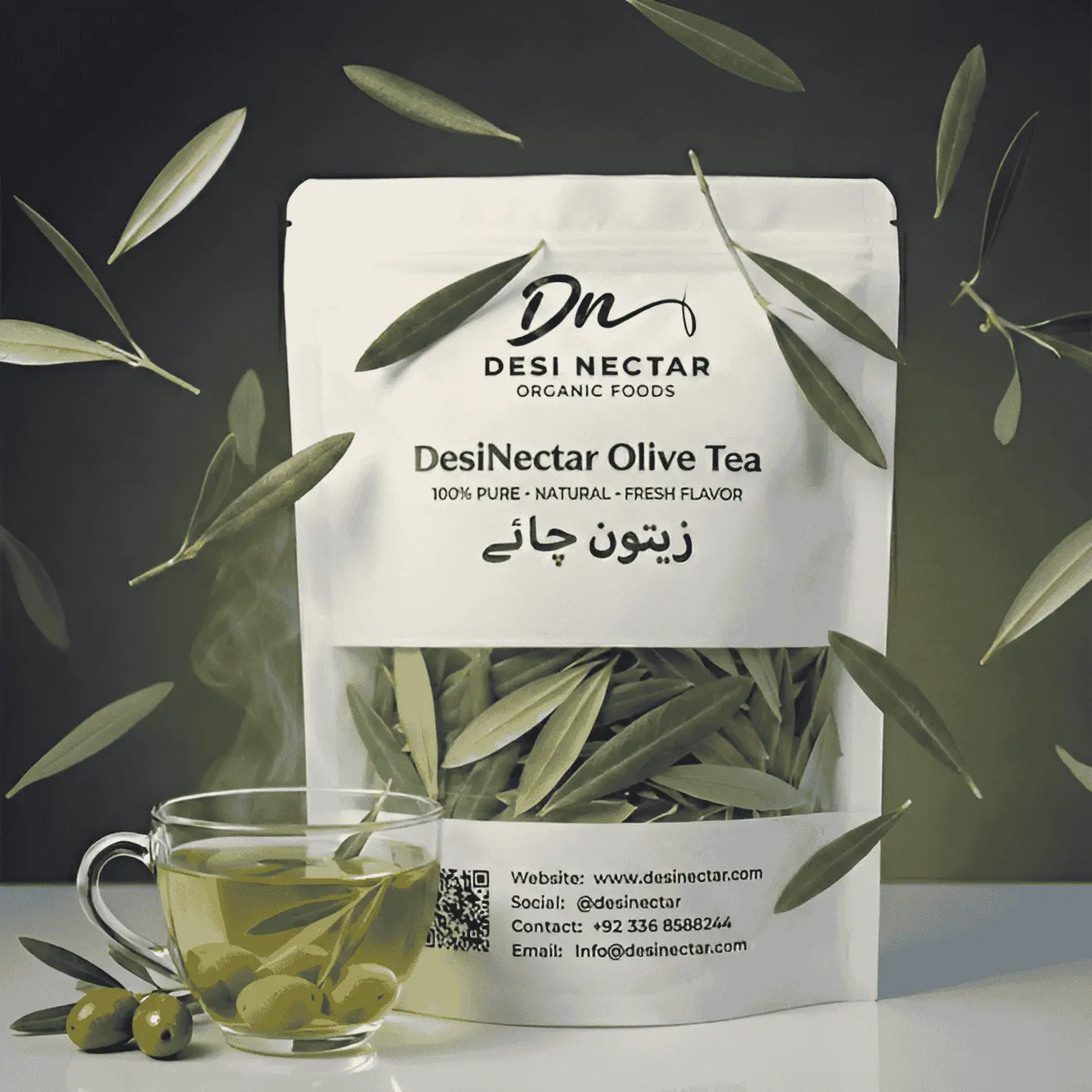 Desi Nectar Organic Olive Tea (Zaitoon Chai) packaging 100% Pure & Natural. Fresh herbal olive leaf tea cup with green olives. Best herbal tea in Pakistan.
