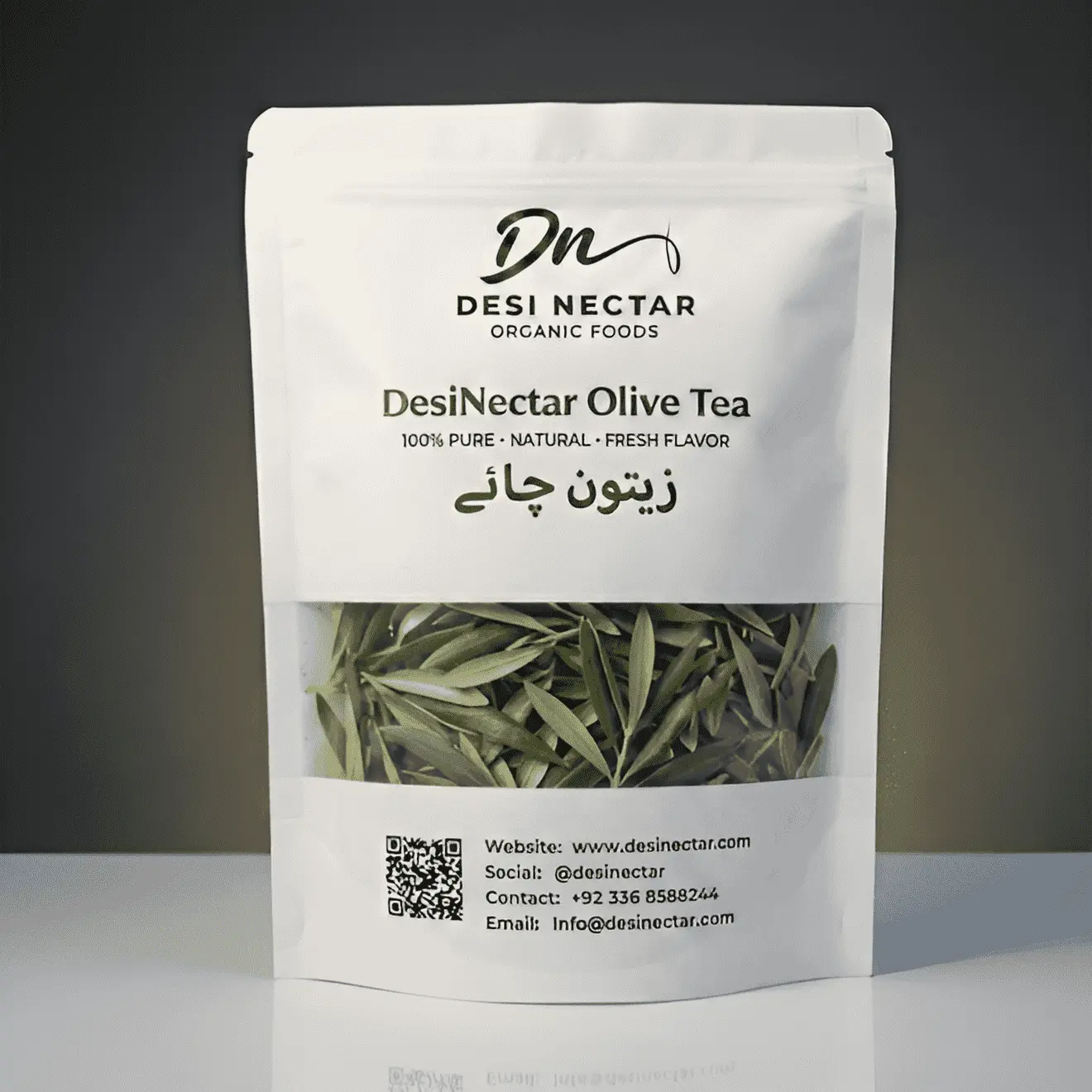Desi Nectar Organic Olive Tea (Zaitoon Chai) packaging 100% Pure & Natural. Fresh herbal olive leaf tea cup with green olives. Best herbal tea in Pakistan.