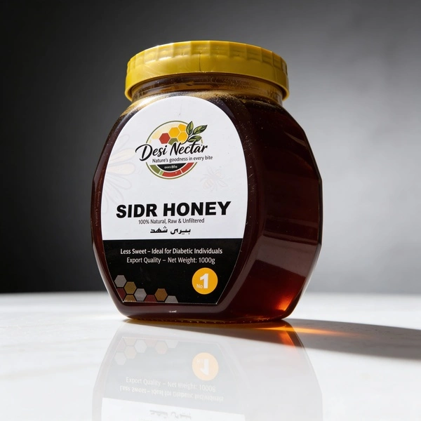 Desi Nectar 1000g jar of Sidr Honey, 100% natural raw and unfiltered Berry Shahaad, ideal for diabetic individuals and health-conscious consumers in Pakistan