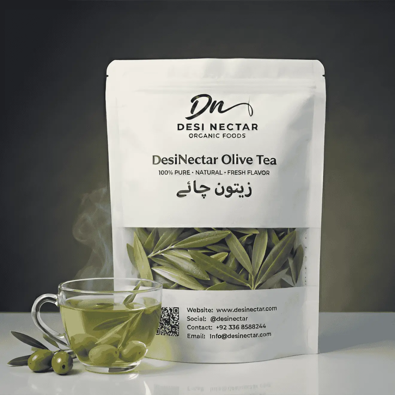 Desi Nectar Organic Olive Tea (Zaitoon Chai) packaging 100% Pure & Natural. Fresh herbal olive leaf tea cup with green olives. Best herbal tea in Pakistan.