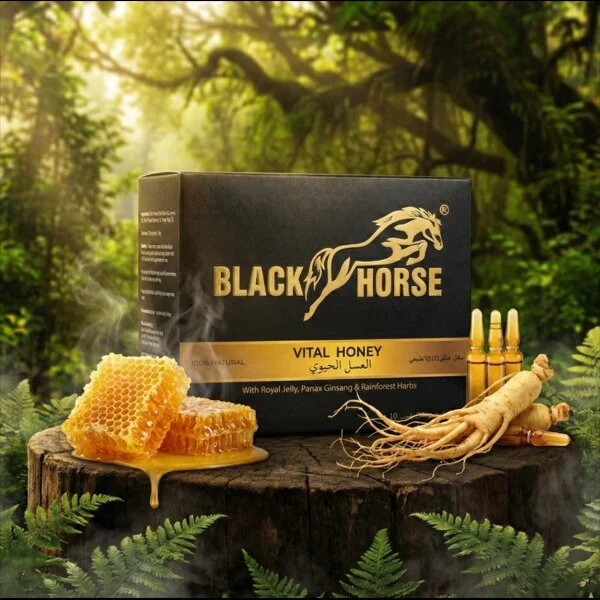 Front view of Black Horse Vital Honey box (24 Sachets) - Natural men's energy supplement with Royal Jelly and Ginseng.