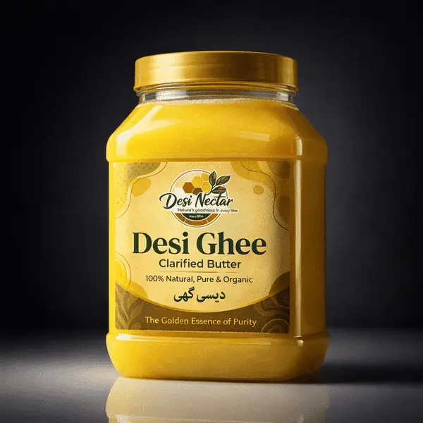 Desi Nectar organic Desi Ghee jar, 100% natural and pure clarified butter premium packaging, the golden essence of purity.