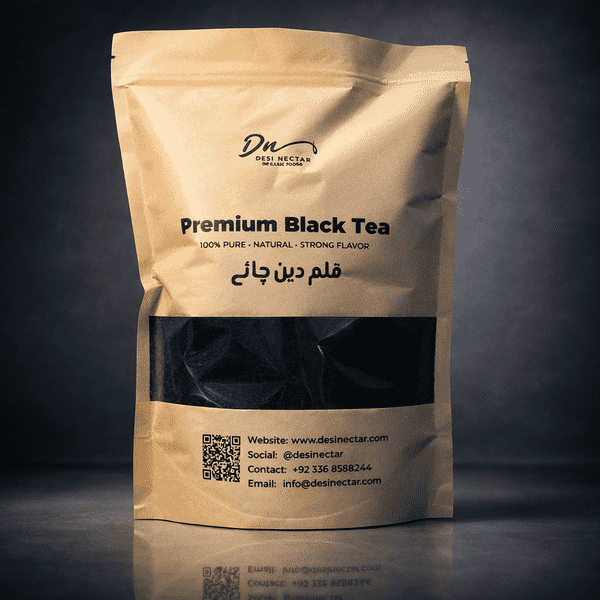 Premium black tea in a resealable eco-friendly kraft paper pouch with a clear window showing loose leaf tea.