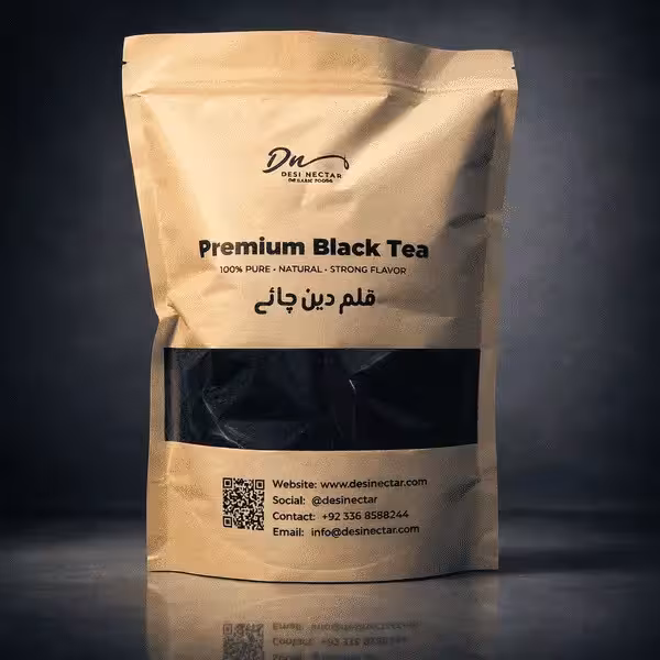 Premium black tea in a resealable eco-friendly kraft paper pouch with a clear window showing loose leaf tea.
