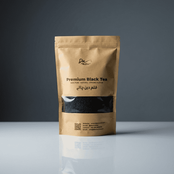 Premium black tea in a resealable eco-friendly kraft paper pouch with a clear window showing loose leaf tea.