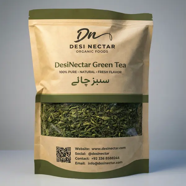 Desi Nectar Organic Green Tea kraft paper pouch with transparent window showing premium loose leaves for weight loss and detox