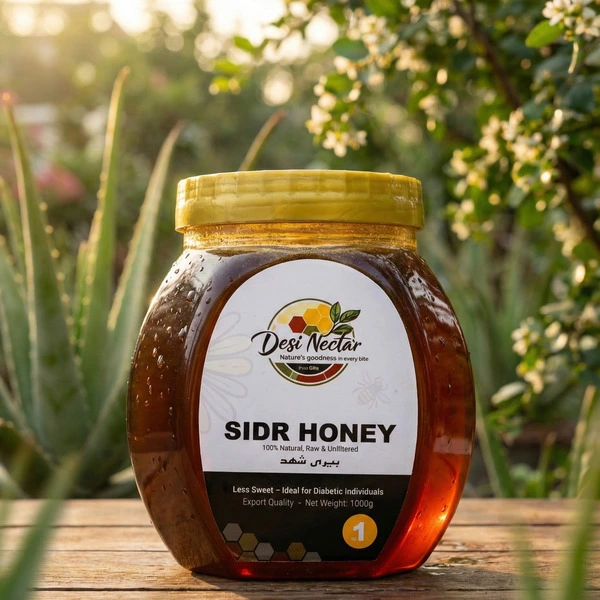 Desi Nectar 1000g jar of Sidr Honey, 100% natural raw and unfiltered Berry Shahaad, ideal for diabetic individuals and health-conscious consumers in Pakistan