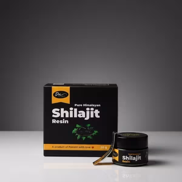 Desi Nectar 20g jar of Pure Himalayan Shilajit Resin, authentic gold grade organic mineral pitch for energy and stamina in Pakistan.
