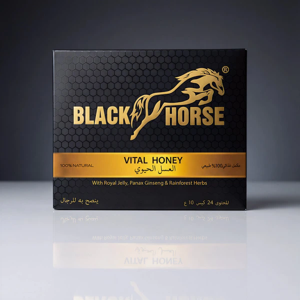 Front view of Black Horse Vital Honey box (24 Sachets) - Natural men's energy supplement with Royal Jelly and Ginseng.