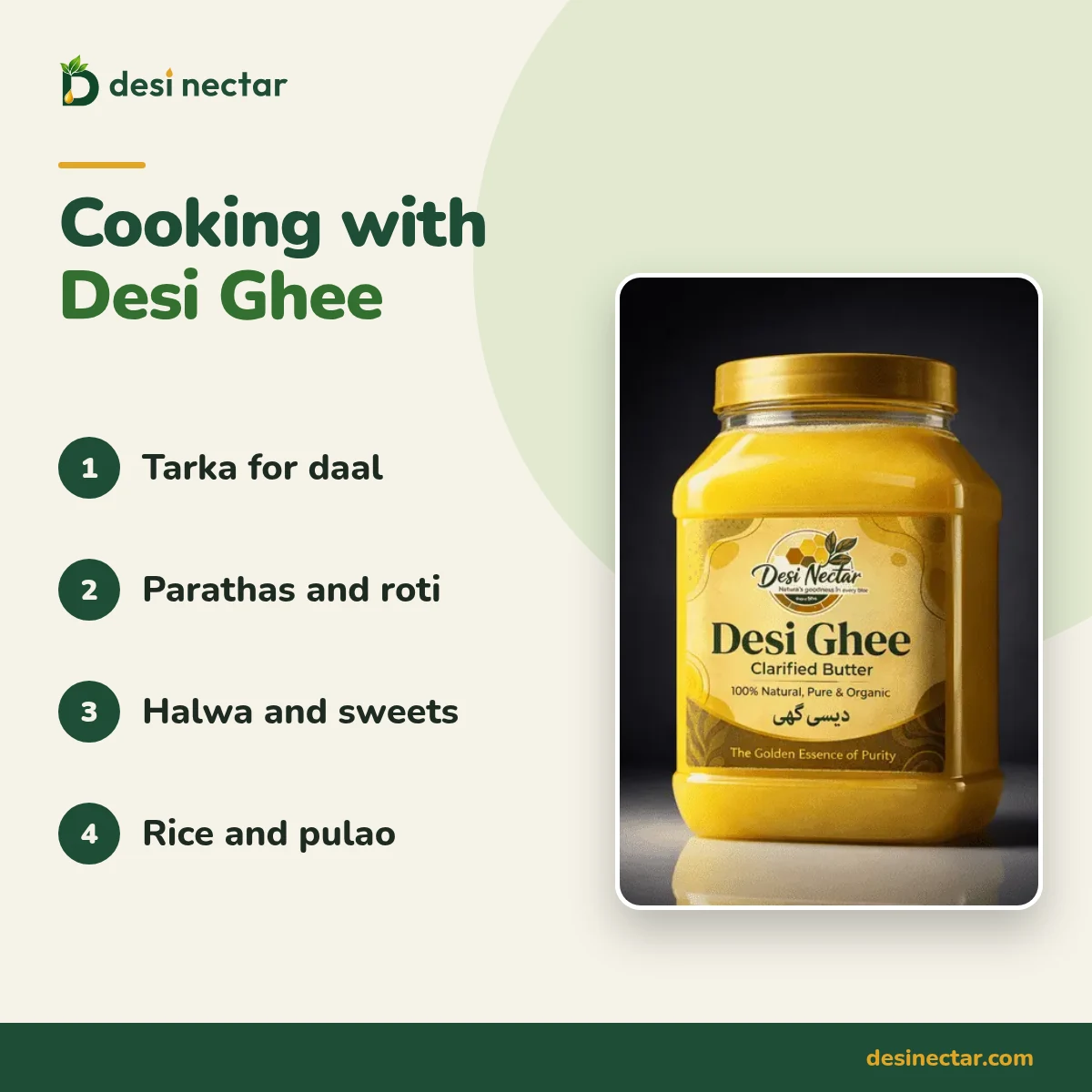 Desi Nectar desi ghee jar with four kitchen uses: tarka, paratha, halwa and pulao