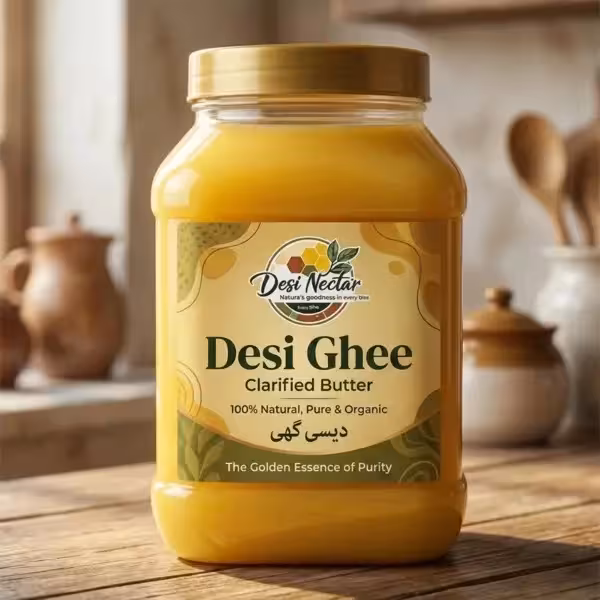 Desi Nectar organic Desi Ghee jar, 100% natural and pure clarified butter premium packaging, the golden essence of purity.