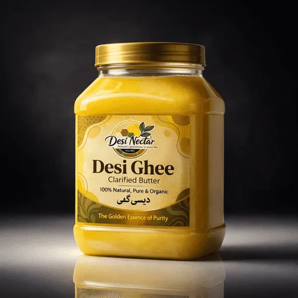 Desi Nectar organic Desi Ghee jar, 100% natural and pure clarified butter premium packaging, the golden essence of purity.