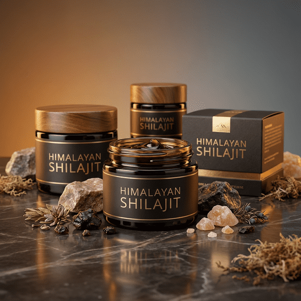 Display of premium Himalayan Shilajit resin jars with raw shilajit stones and packaging box on a dark marble surface