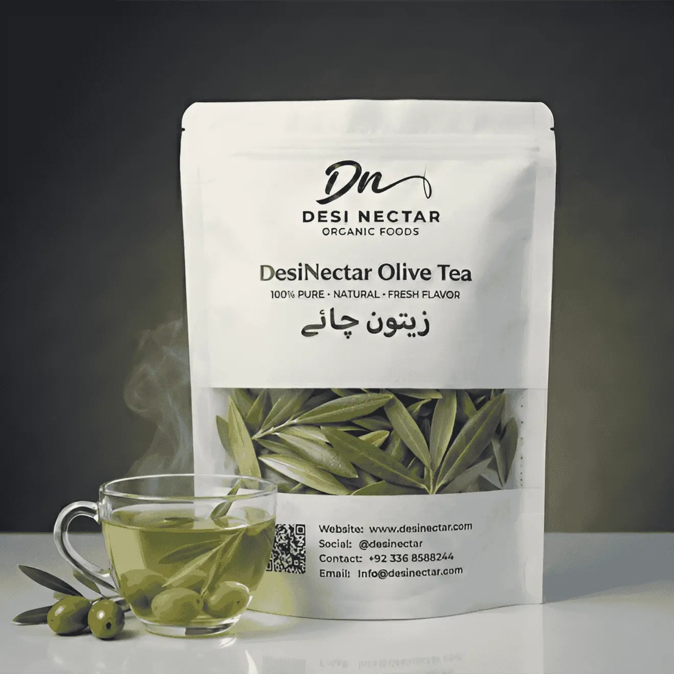 Desi Nectar Organic Olive Tea (Zaitoon Chai) packaging 100% Pure & Natural. Fresh herbal olive leaf tea cup with green olives. Best herbal tea in Pakistan.