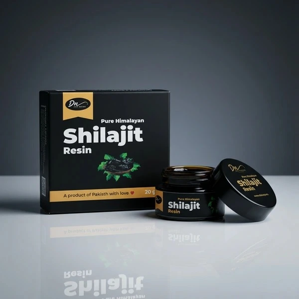 Desi Nectar 20g jar of Pure Himalayan Shilajit Resin, authentic gold grade organic mineral pitch for energy and stamina in Pakistan.